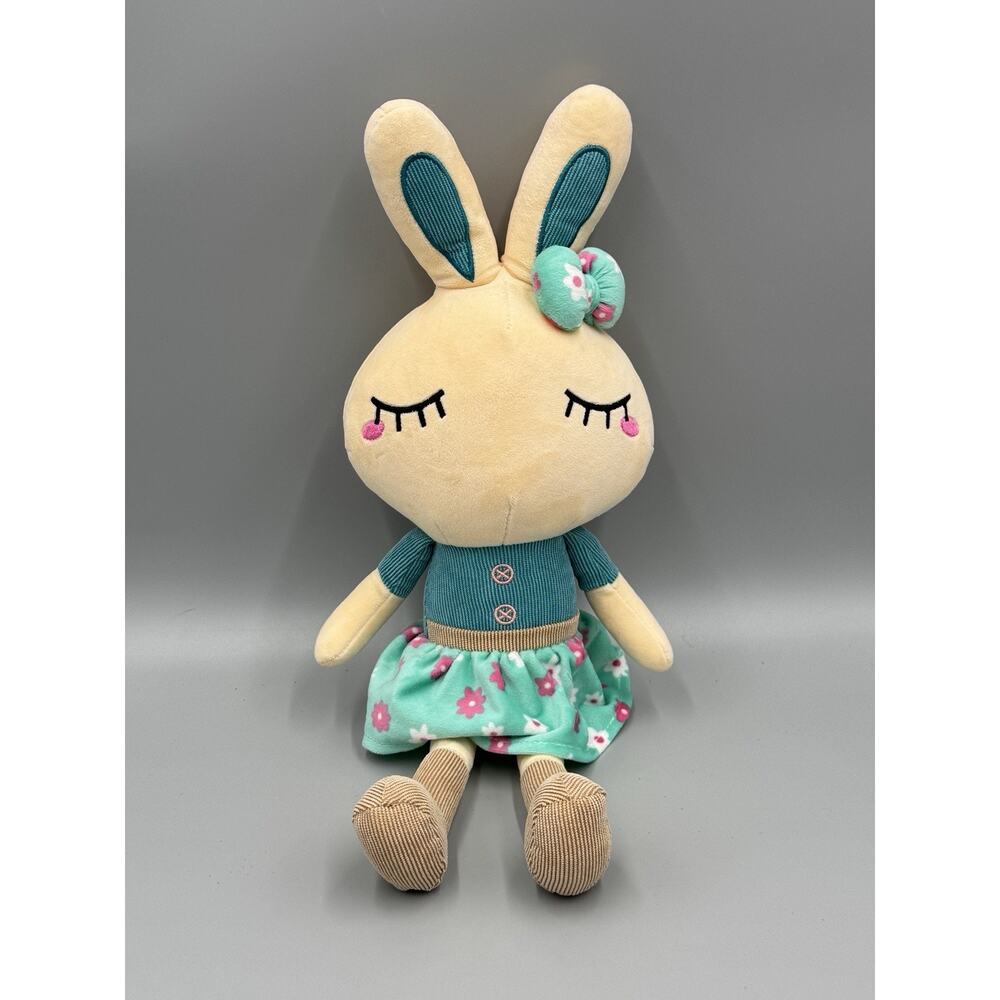 Cllayees Plush Rabbit Doll Teal Floral Dress & Bow 14 Inch Stuffed Animal